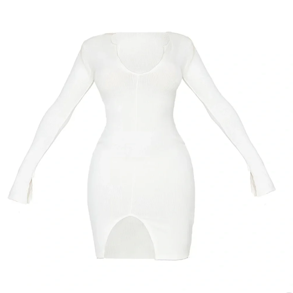 PrettyLittleThing Cream Brushed Rib Split Sleeve Mini Dress Size US4 NWT - Picture 3 of 12